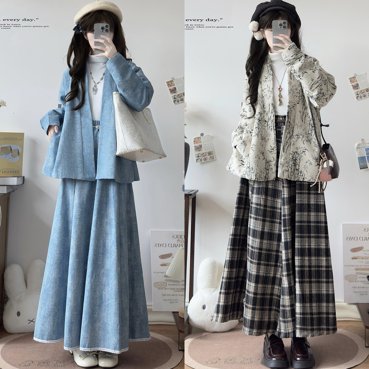 秋冬日常宋制毛呢飞机袖加绒加厚