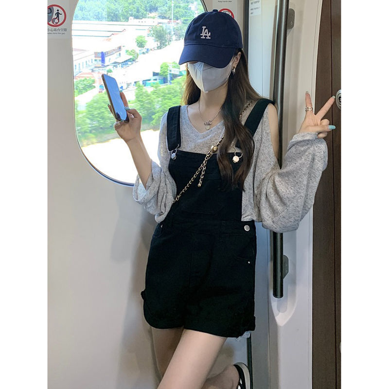 【两件套装】牛仔背带裤女学院风港式chic破洞卷边阔腿短裤长袖T