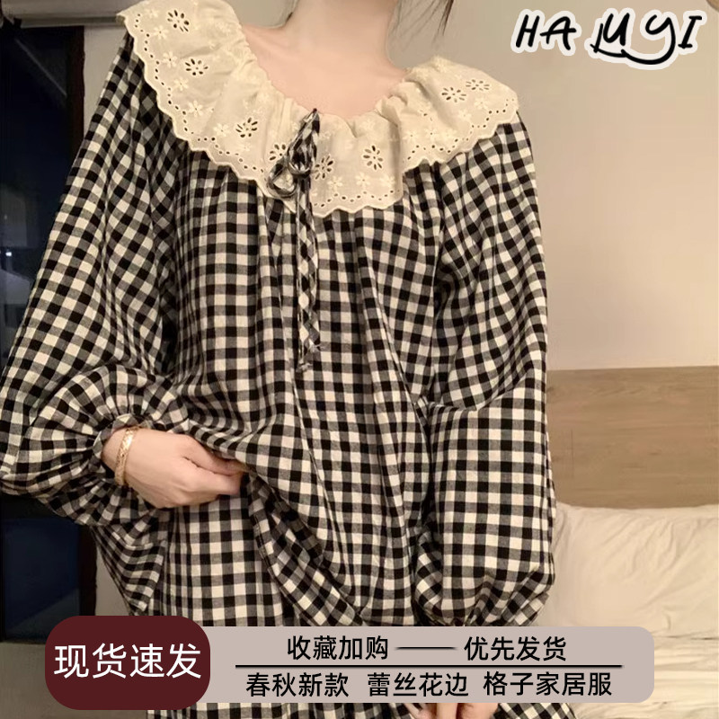 韩版睡衣女士春秋季蕾丝长袖2025新款日系网红学生格子家居服套装