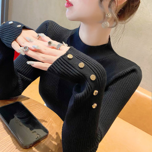 显瘦2026年新款 修身 早春半高领毛衣内搭上衣 女春装 中领黑色打底衫