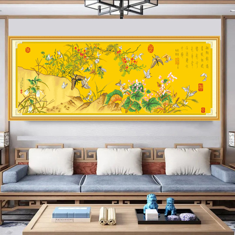 新款客厅百蝶图十字绣大幅满绣刺绣名画风景花卉装饰画新中式挂画图片