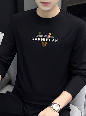 2025春秋长袖t恤男薄款莫代尔棉秋衣黑色潮流印花打底衫内搭上衣