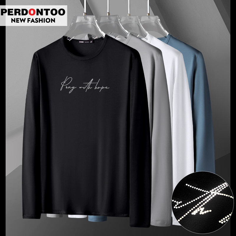 春秋长袖t恤男丝光莫代尔棉2025新款秋衣潮流镭射亮片打底衫薄款