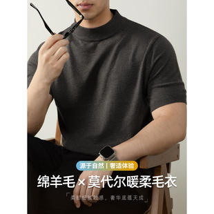 羊毛莫代尔 可机洗易打理 高端商务毛衣男士短袖半高领针织衫T恤