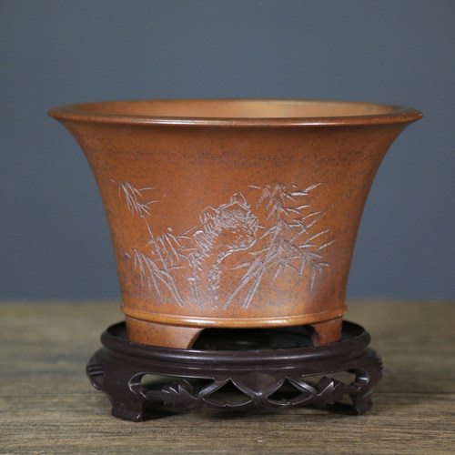 宜兴紫砂花盆柴烧笠圆形绿云春兰翠盖绿植盆栽透气紫砂兰花盆景盆