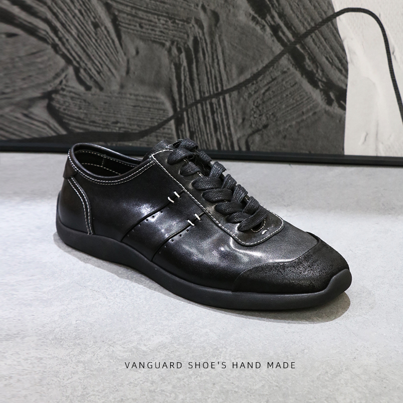 复古水洗软马皮拳击训练鞋休闲鞋手工男士软薄底板鞋德训鞋