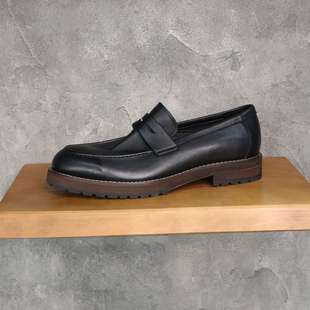 圣尼约德英伦复古水洗真皮一脚蹬圆头乐福商务休闲厚底手工鞋 夏