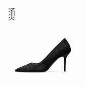休闲百搭气质通勤透气单鞋 烫社交女鞋 黑色布面尖头圆口细高跟鞋