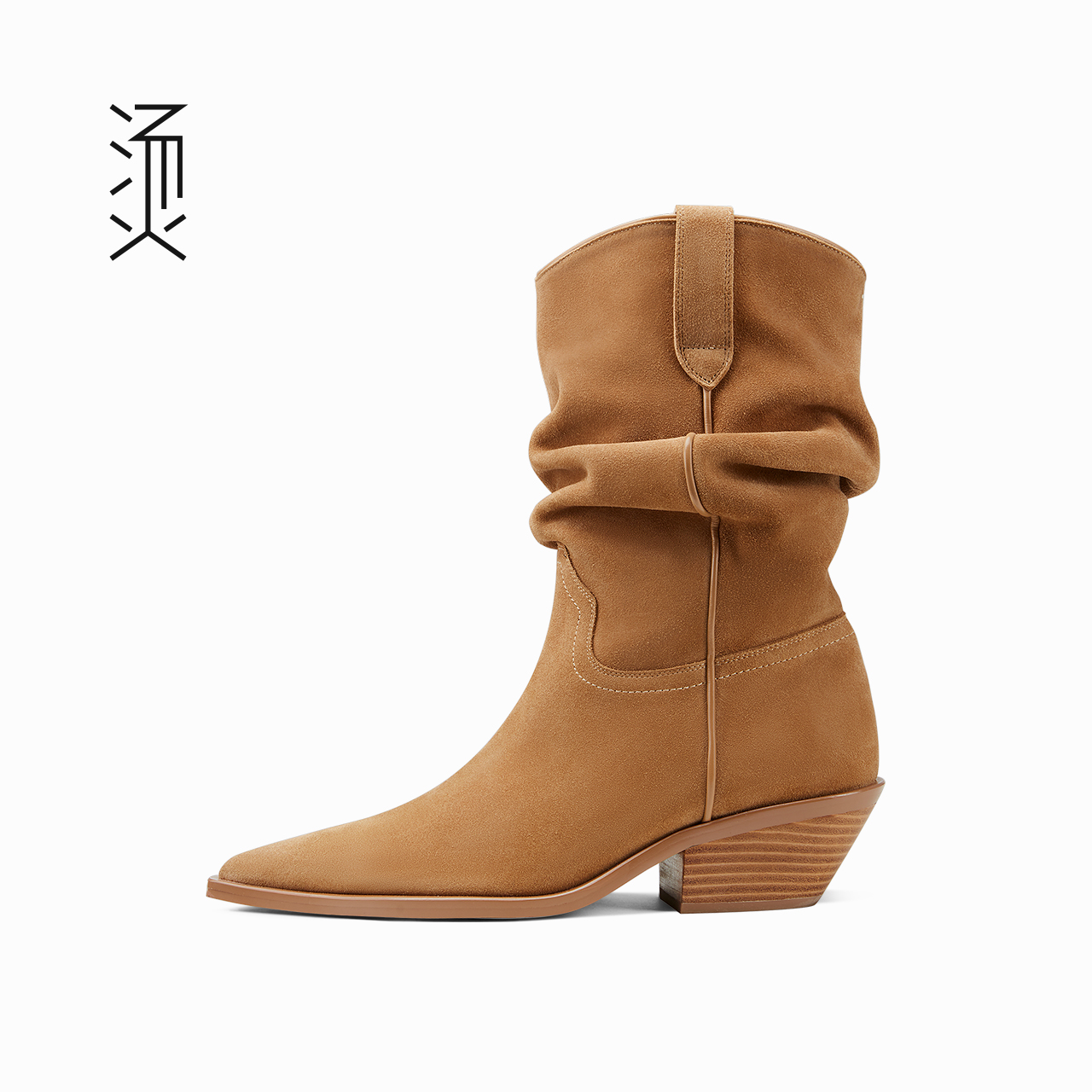 烫新颖堆皱中筒牛仔低跟社交女鞋