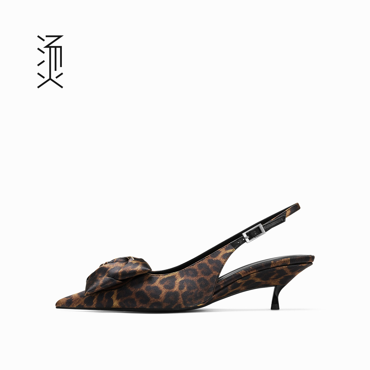烫棕色豹纹尖头一字带凉鞋2026春季新款法式后空露跟花朵配饰单鞋