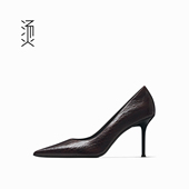 烫社交女鞋 通勤百搭女士单鞋 牛皮咖啡鳄鱼纹尖头圆口细高跟鞋 法式