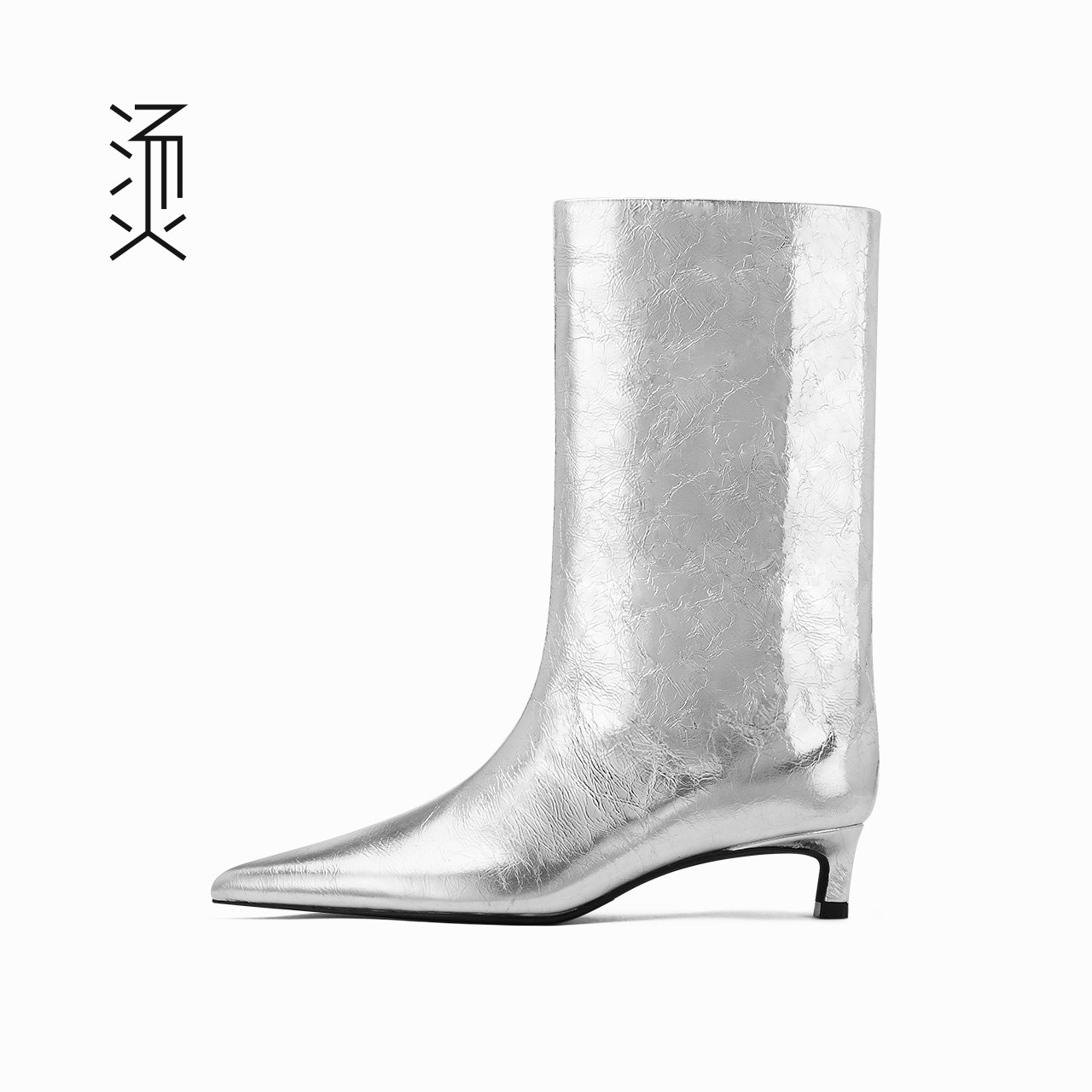 烫社交女鞋银色压裂纹牛皮低细跟短筒女靴秋冬休闲时尚一脚蹬靴子