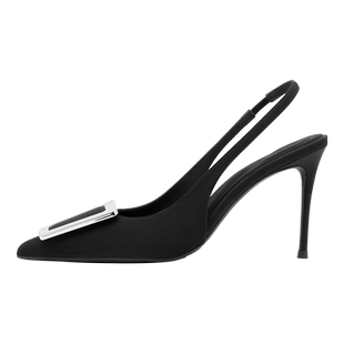 烫社交女鞋黑色布面后空方扣一字带高跟夏季新款性感法式凉单女鞋