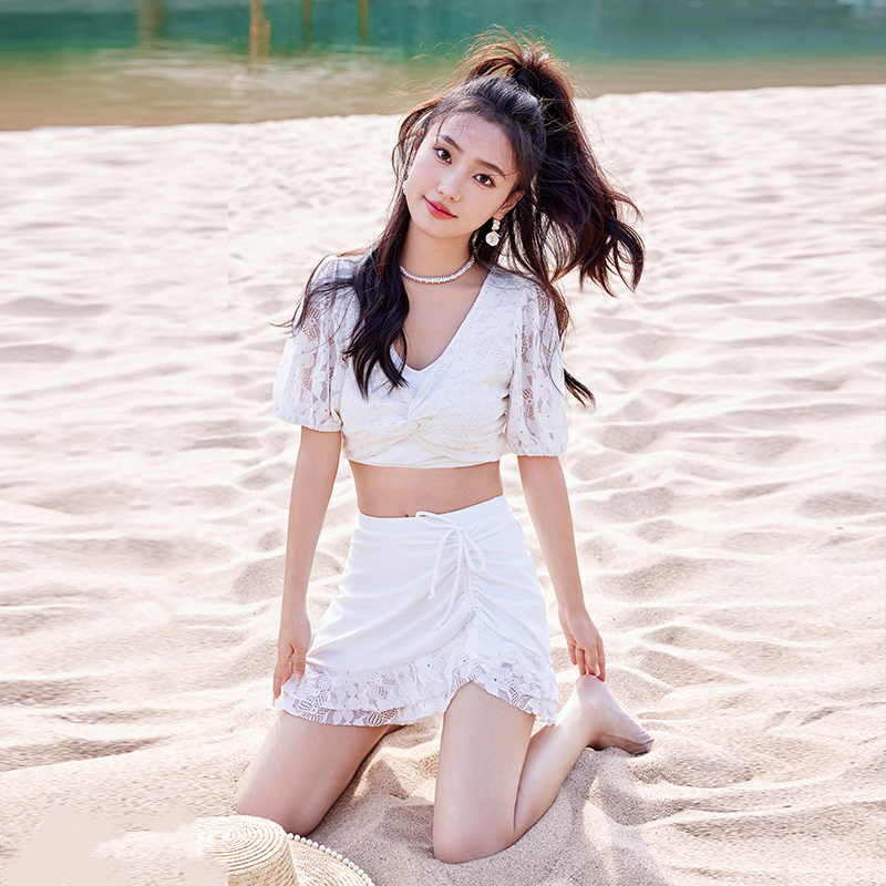 2025新款蕾丝性感甜美可爱少女泳衣女保守裙款两件套分体裙式泳装
