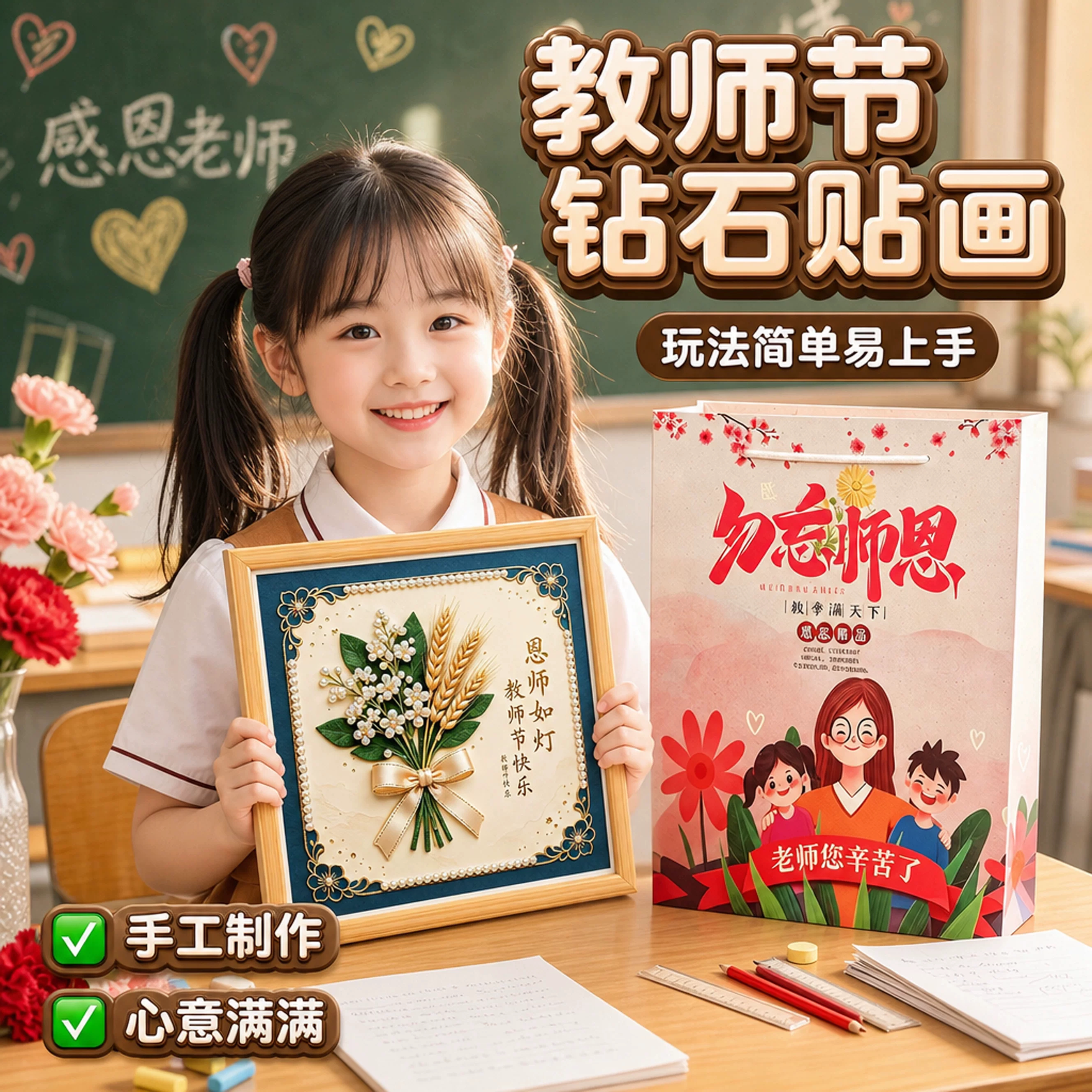 教师节礼物送男女老师珍珠画相框礼盒幼儿园手工diy钻石贴画摆件9