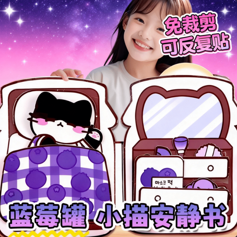 小猫咪草莓果酱安静书儿童免裁剪玩具3到6岁女孩子益智自粘贴贴画3d立体造景贴纸女童奖励标签卡通可爱小图案