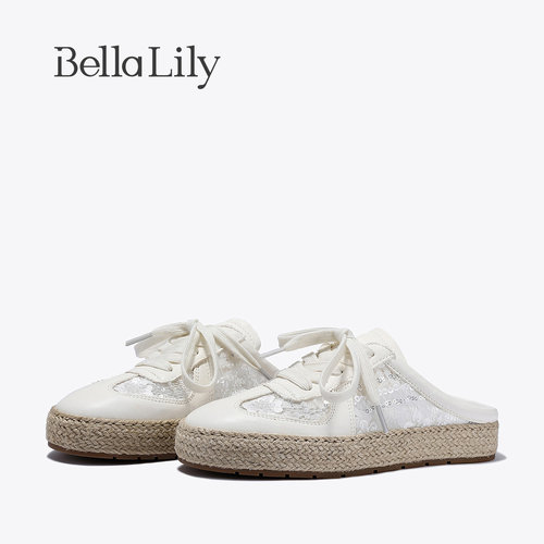 BellaLily夏季新款韩版亮片渔夫鞋德训鞋女包头半拖鞋小白鞋