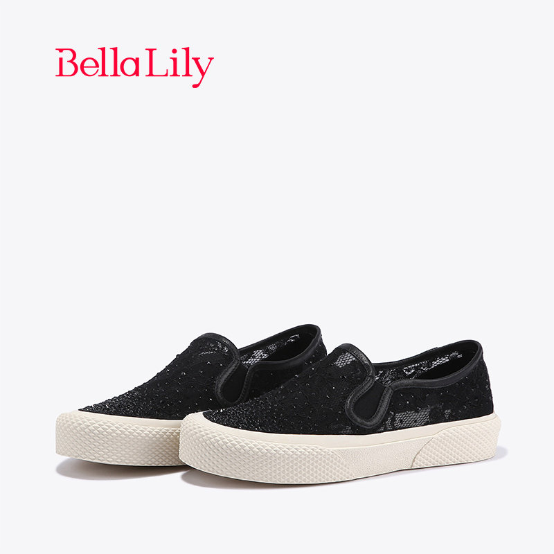 BellaLily新款水钻网面板鞋女蕾丝薄款帆布鞋懒人平底鞋子