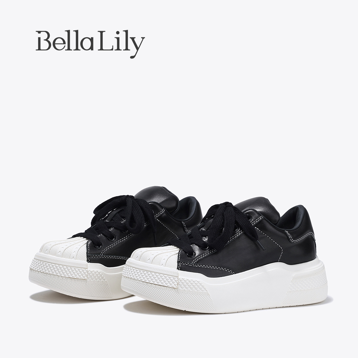 BellaLily年新款经典贝壳头小黑鞋女小个子增高牛皮休闲板鞋