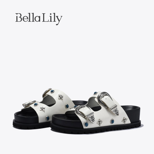 BellaLily夏季新款小众潮酷厚底拖重工设计感女鞋潮酷一字拖