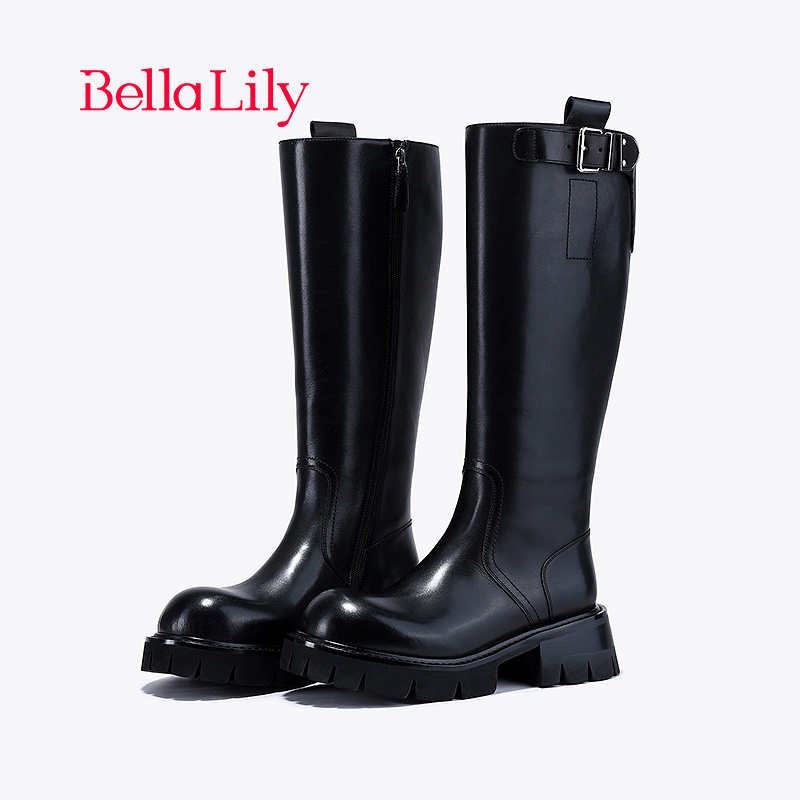 bellalily英伦粗跟牛皮高筒靴