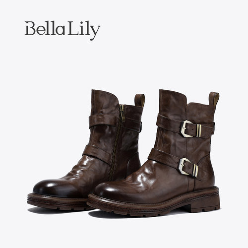 BellaLily新款英伦风中筒靴女潮流女神靴子百搭时装靴
