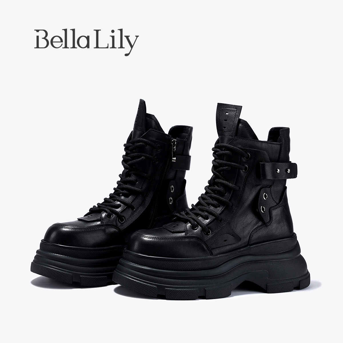 BellaLily2025秋季新款潮酷增高马丁靴女牛皮机车靴子百搭中筒靴