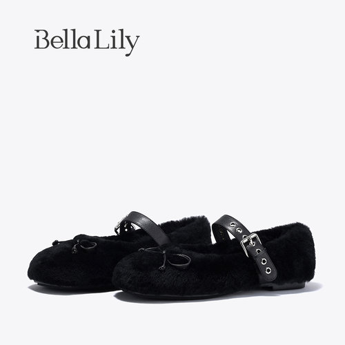 BellaLily新款毛绒加厚蝴蝶结毛毛鞋保暖法式气质平底鞋