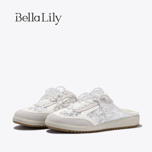 BellaLily夏季新款精致蕾丝包头拖鞋珍珠链德训鞋舒适一脚蹬