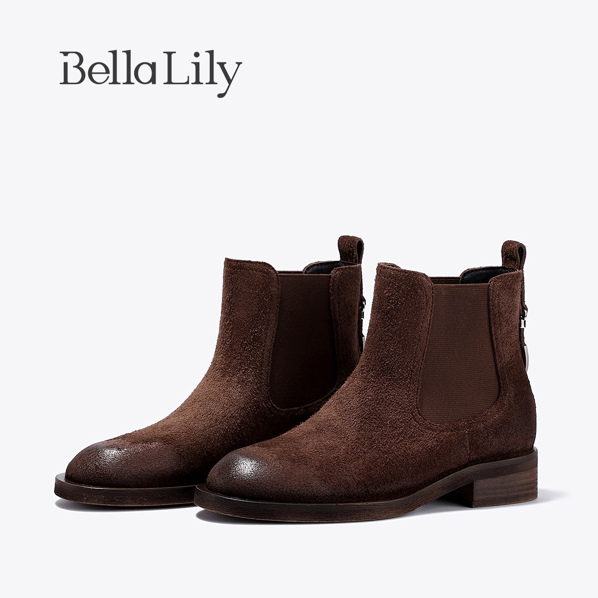 BellaLily2025秋季新款牛皮短筒靴复古短靴女时装靴粗跟切尔西靴