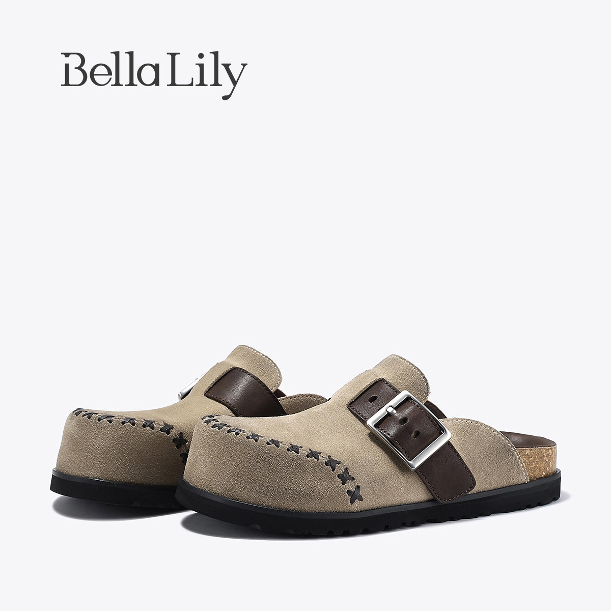 BellaLily2026春季新款做旧懒人包头拖牛皮外穿一脚蹬拼接勃肯鞋,女鞋,包头拖,淘宝优惠券,粉丝福利购,淘宝优惠卷