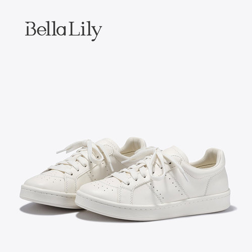 BellaLily2026秋季新款牛皮简约风小白鞋女透气百搭厚底休闲板鞋