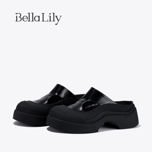 BellaLily2026夏季新款时尚外穿包头半拖鞋女士厚底牛皮百搭凉拖