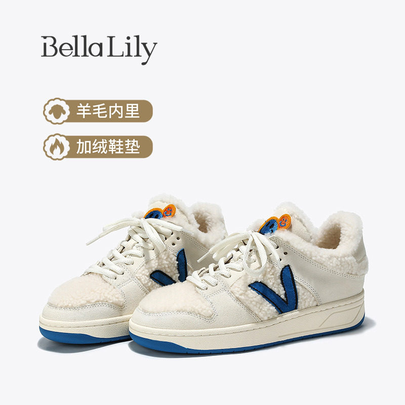 BellaLily冬季新款保暖加绒休闲鞋女羊毛舒适板鞋百搭小白鞋