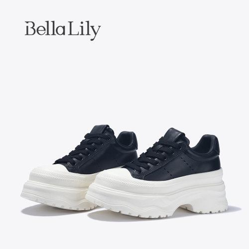 BellaLily春季新款通勤百搭小黑鞋ins韩风增高厚底鞋休闲鞋潮