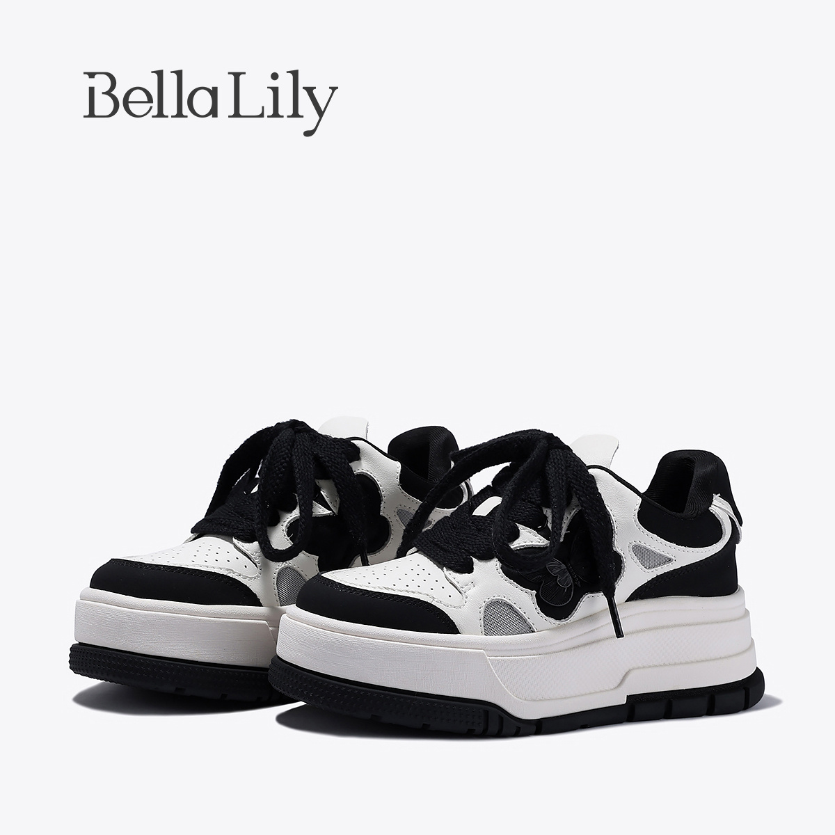 BellaLily2025冬季新款黑白时尚熊猫鞋厚底板鞋增高牛皮休闲鞋潮
