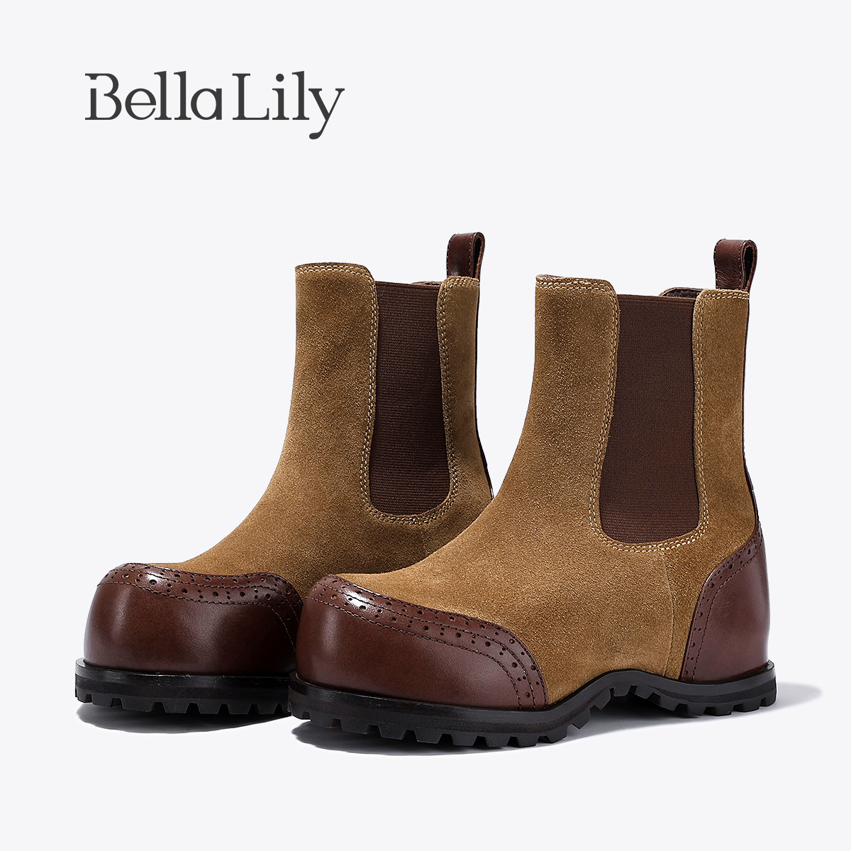 BellaLily2025冬季新款厚底牛皮切尔西靴女款烟管中筒靴手工靴子