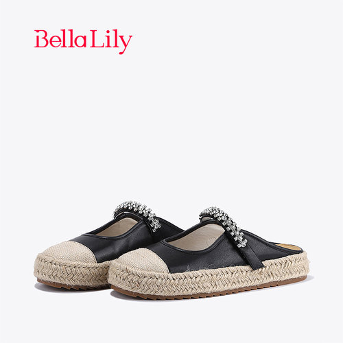 bellalily甜美平底水钻半包拖鞋