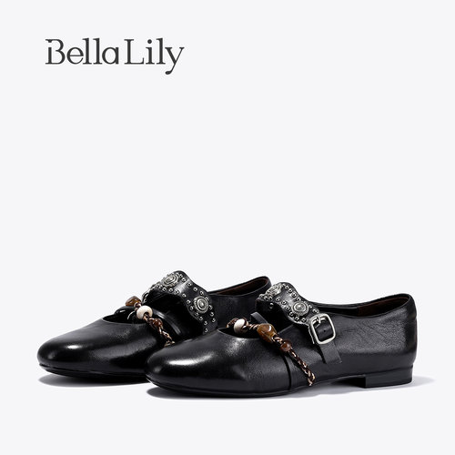 BellaLily新款复古平底鞋单鞋女小羊皮玛丽珍金属小皮鞋