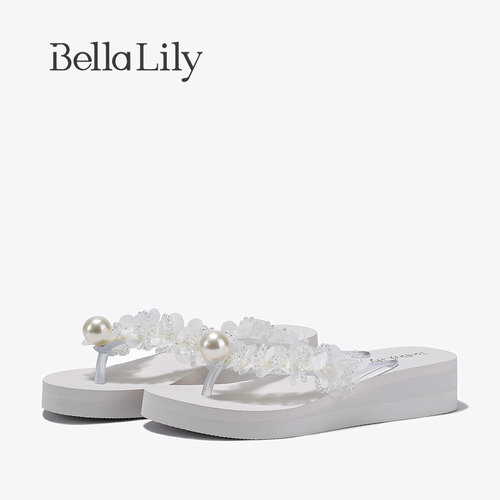 BellaLily夏季新款高级珠花夹趾拖度假风沙滩凉拖厚底女鞋潮