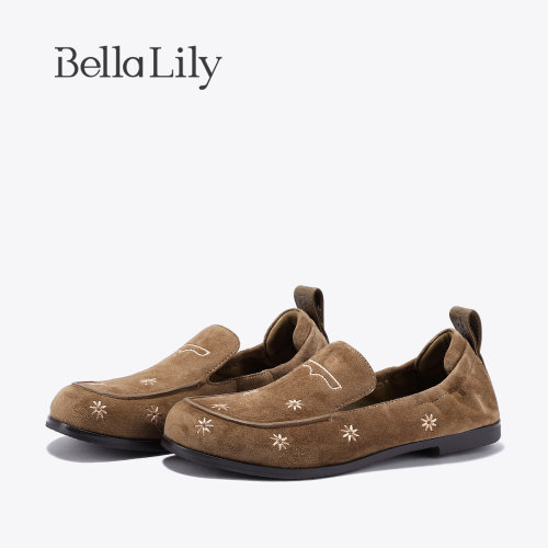 BellaLily2026秋季新款复古时尚刺绣单鞋美拉德风百搭通勤懒人鞋