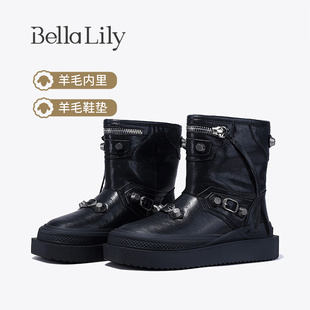 靴子 时装 BellaLily新款 帅气加绒雪地靴女羊毛中筒靴金属时尚