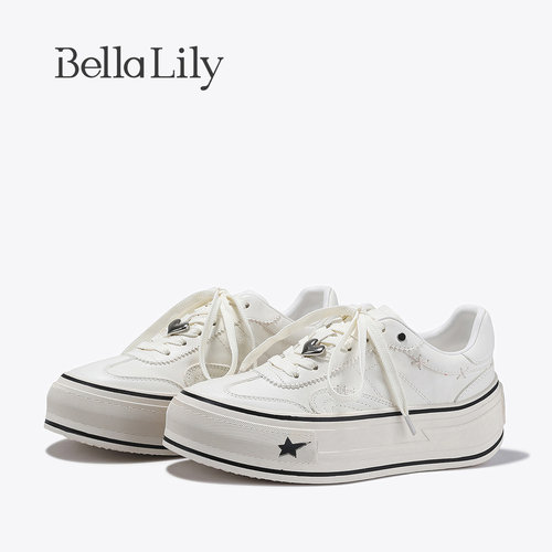 BellaLily2026夏新款学院风百搭小白鞋小个子增高厚底鞋牛皮潮鞋