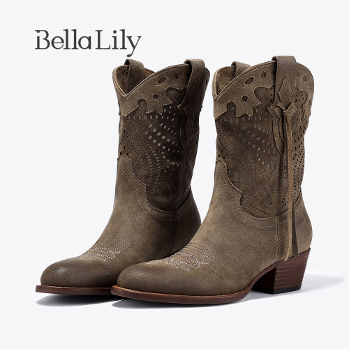 BellaLily2026秋款新款复古厚底中筒靴子女镂空雕花西部牛仔靴潮