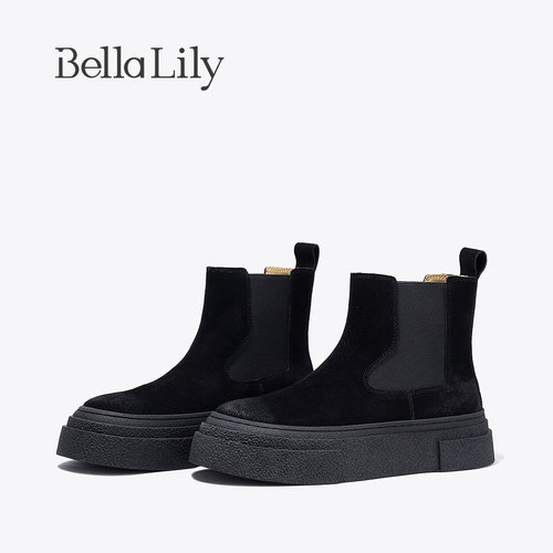 BellaLily新款百搭休闲时尚中筒靴复古个性牛猄皮女靴潮