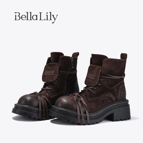 BellaLily新款潮酷帅气马丁靴女厚底粗跟中筒靴牛皮短靴