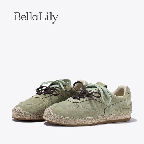 BellaLily2026春季新款复古牛皮渔夫鞋女运动休闲板鞋潮酷赛车鞋