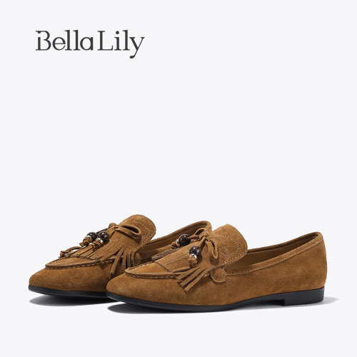 BellaLily新款复古平底鞋流苏乐福鞋小众百搭牛皮袋鼠鞋