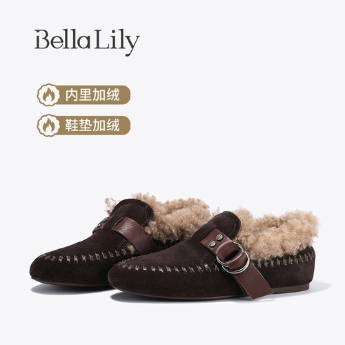 BellaLily2025冬季新款尖头金属扣乐福鞋牛皮加绒勃肯鞋保暖棉鞋
