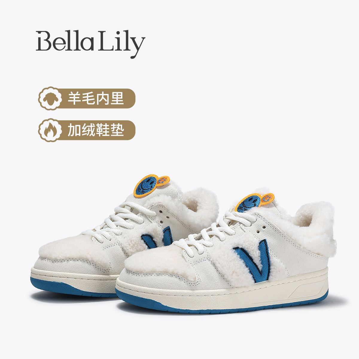 BellaLily新款加绒保暖毛毛鞋女潮流百搭小白鞋百搭舒适休闲鞋女